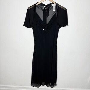 Y2K Sheer Liz Claiborne Sequin Cowl Drape Neckline Black Cocktail Dress 10